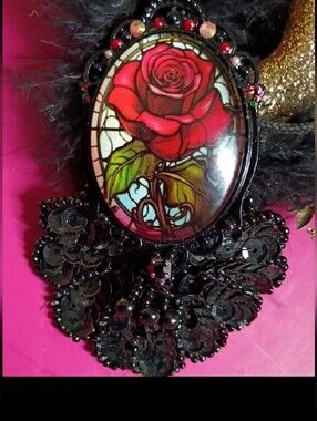 Gothic Red Rose Embellished Oval Pendant Black Beaded Modified Pendant Necklace